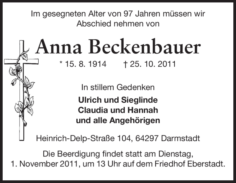  Traueranzeige für Anna Beckenbauer vom 29.10.2011 aus Echo-Zeitungen (Gesamtausgabe)