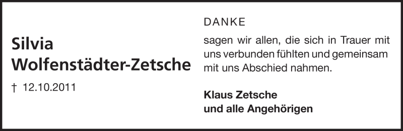  Traueranzeige für Silvia Wolfenstädter-Zetsche vom 29.10.2011 aus Echo-Zeitungen (Gesamtausgabe)