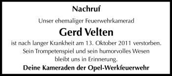Traueranzeige von Gerd Velten von Rüsselsheimer Echo, Groß-Gerauer-Echo, Ried Echo