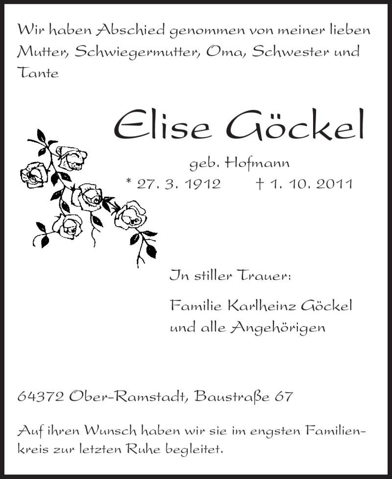  Traueranzeige für Elise Göckel vom 29.10.2011 aus Darmstädter Echo, Odenwälder Echo, Rüsselsheimer Echo, Groß-Gerauer-Echo, Ried Echo