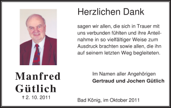 Traueranzeige von Manfred Gütlich von Odenwälder Echo
