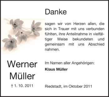 Traueranzeige von Werner Müller von Rüsselsheimer Echo, Groß-Gerauer-Echo, Ried Echo