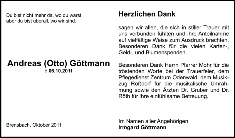  Traueranzeige für Andreas (Otto) Göttmann vom 29.10.2011 aus Echo-Zeitungen (Gesamtausgabe)