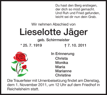 Traueranzeige von Lieselotte Jäger von Odenwälder Echo