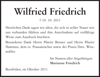 Traueranzeige von Wilfried Friedrich von Odenwälder Echo
