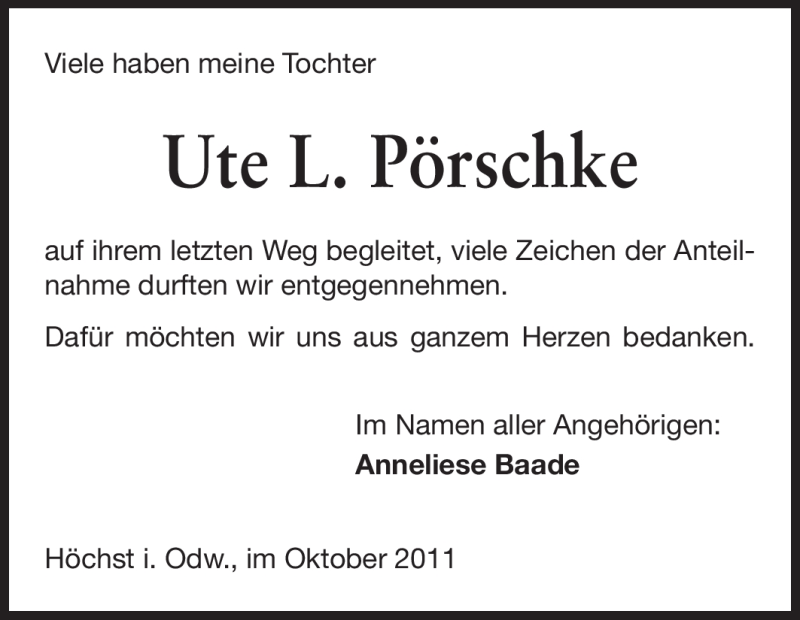  Traueranzeige für Ute L. Pörschke vom 29.10.2011 aus Odenwälder Echo