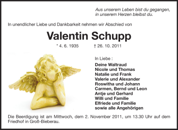 Traueranzeige von Valentin Schupp von Darmstädter Echo, Odenwälder Echo, Rüsselsheimer Echo, Groß-Gerauer-Echo, Ried Echo