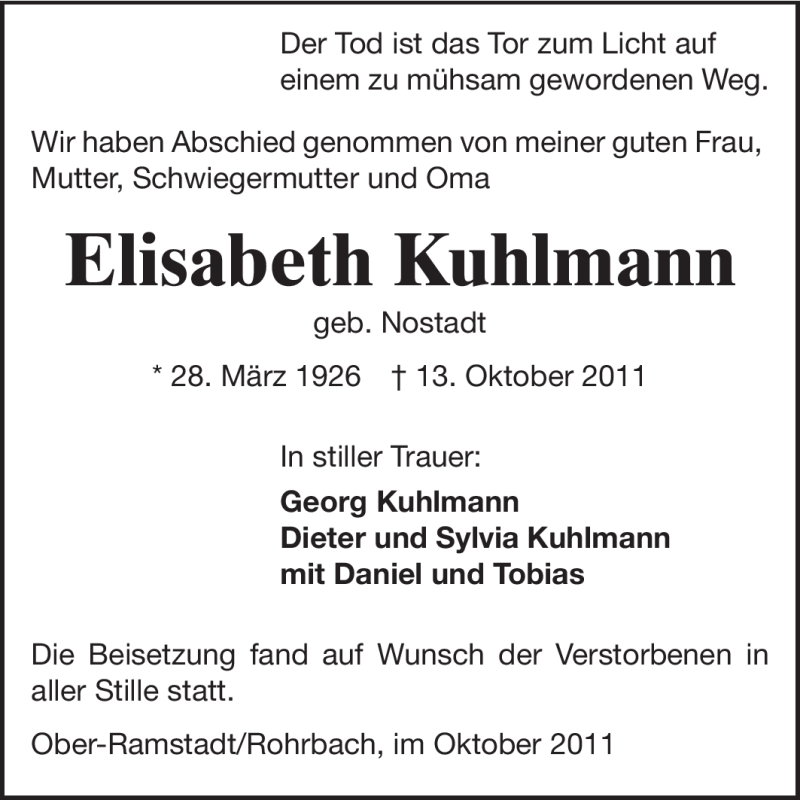  Traueranzeige für Elisabeth Kuhlmann vom 29.10.2011 aus Echo-Zeitungen (Gesamtausgabe)