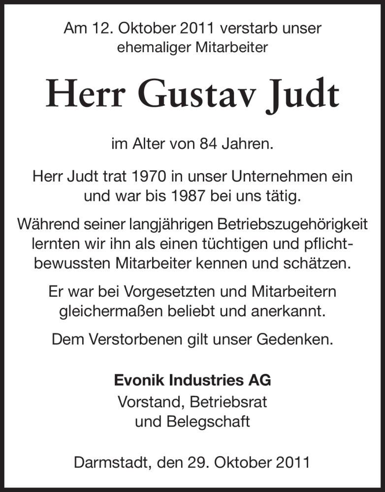  Traueranzeige für Gustav Judt vom 29.10.2011 aus Echo-Zeitungen (Gesamtausgabe)