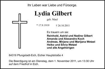 Traueranzeige von Lydia Gilbert von Darmstädter Echo, Odenwälder Echo, Rüsselsheimer Echo, Groß-Gerauer-Echo, Ried Echo