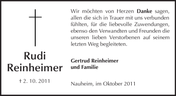 Traueranzeige von Rudi Reinheimer von Rüsselsheimer Echo, Groß-Gerauer-Echo, Ried Echo