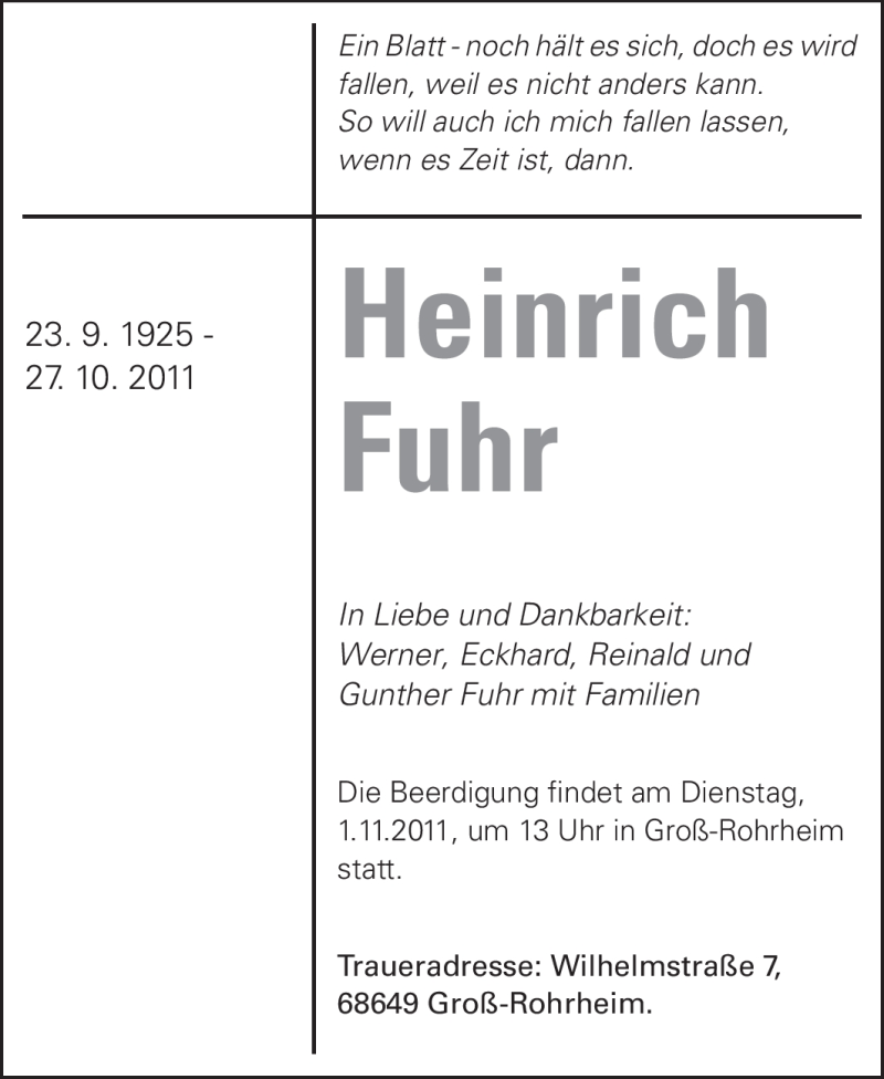  Traueranzeige für Heinrich Fuhr vom 29.10.2011 aus Echo-Zeitungen (Gesamtausgabe)