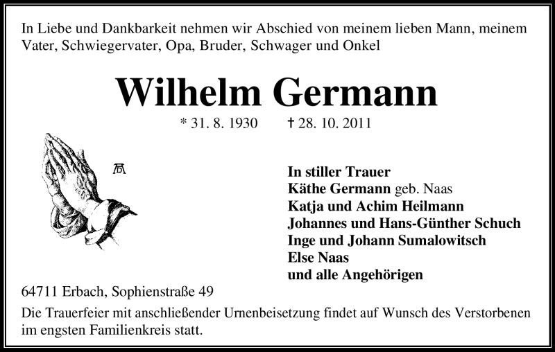  Traueranzeige für Wilhelm Germann vom 01.11.2011 aus Odenwälder Echo