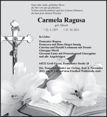 Traueranzeige von Carmela Ragusa von Rüsselsheimer Echo, Groß-Gerauer-Echo, Ried Echo