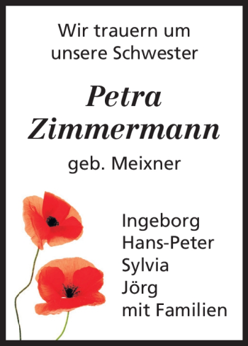 Traueranzeige von Petra Zimmermann von Echo-Zeitungen (Gesamtausgabe)
