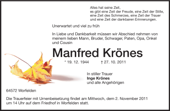 Traueranzeige von Manfred Krönes von Darmstädter Echo, Odenwälder Echo, Rüsselsheimer Echo, Groß-Gerauer-Echo, Ried Echo