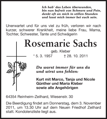 Traueranzeige von Rosemarie Sachs von Echo-Zeitungen (Gesamtausgabe)