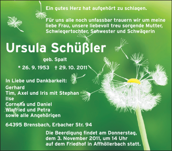 Traueranzeige von Ursula Schüßler von Echo-Zeitungen (Gesamtausgabe)