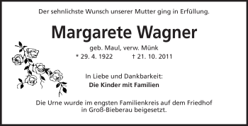 Traueranzeige von Margarete Wagner von Echo-Zeitungen (Gesamtausgabe)