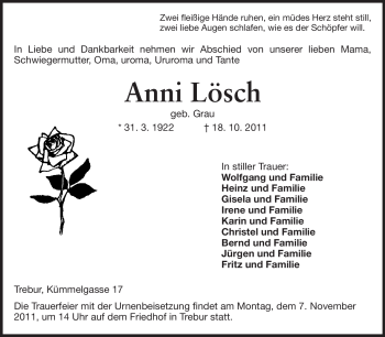 Traueranzeige von Anni Lösch von Rüsselsheimer Echo, Groß-Gerauer-Echo, Ried Echo