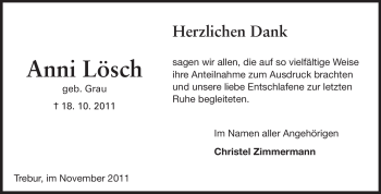 Traueranzeige von Anni Lösch von Rüsselsheimer Echo, Groß-Gerauer-Echo, Ried Echo