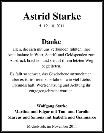 Traueranzeige von Astrid Starke von Odenwälder Echo