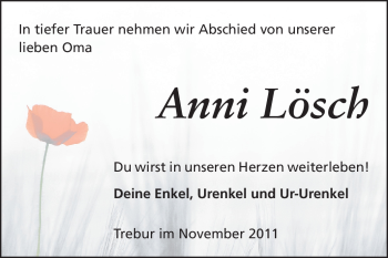 Traueranzeige von Anni Lösch von Rüsselsheimer Echo, Groß-Gerauer-Echo, Ried Echo