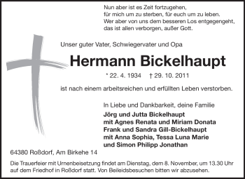 Traueranzeige von Hermann Bickelhaupt von Darmstädter Echo, Odenwälder Echo, Rüsselsheimer Echo, Groß-Gerauer-Echo, Ried Echo