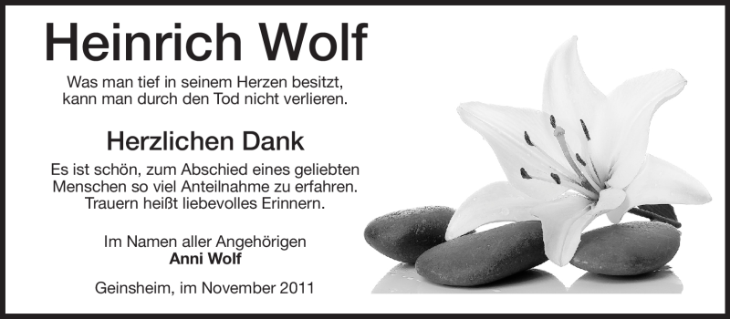  Traueranzeige für Heinrich Wolf vom 01.11.2011 aus Rüsselsheimer Echo, Groß-Gerauer-Echo, Ried Echo
