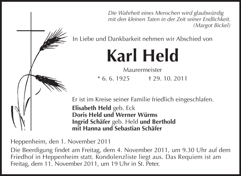 Traueranzeige für Karl Held vom 01.11.2011 aus Starkenburger Echo