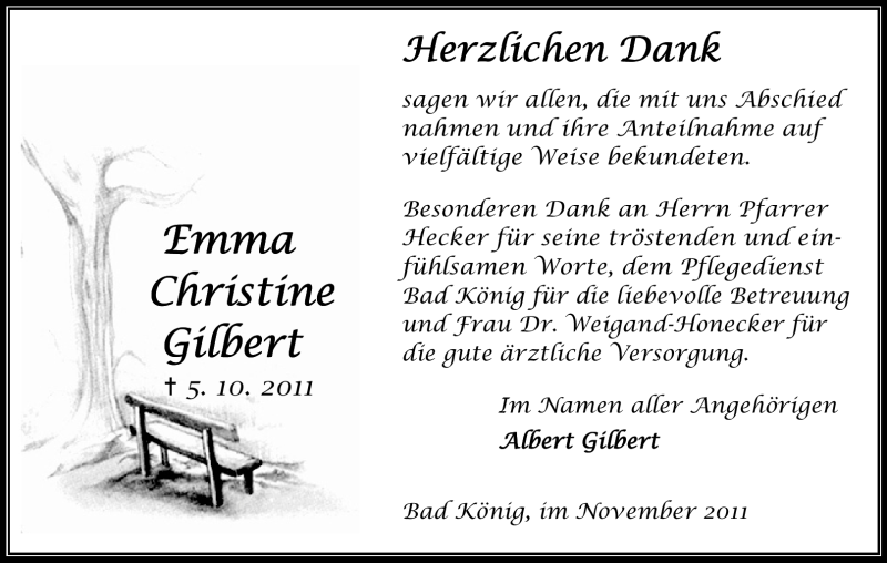 Traueranzeige für Emma Christine Gilbert vom 05.11.2011 aus Odenwälder Echo