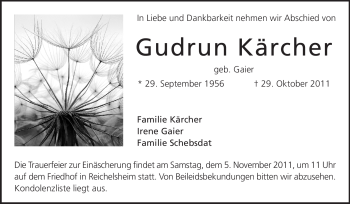 Traueranzeige von Gudrun Kärcher von Odenwälder Echo