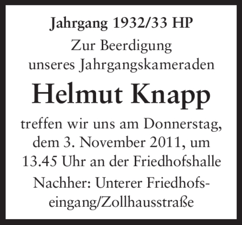  Traueranzeige für Helmut Knapp vom 02.11.2011 aus Starkenburger Echo
