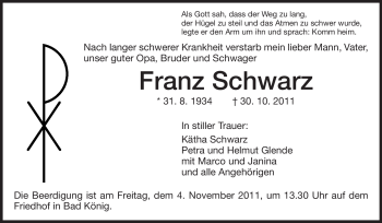Traueranzeige von Franz Schwarz von Odenwälder Echo
