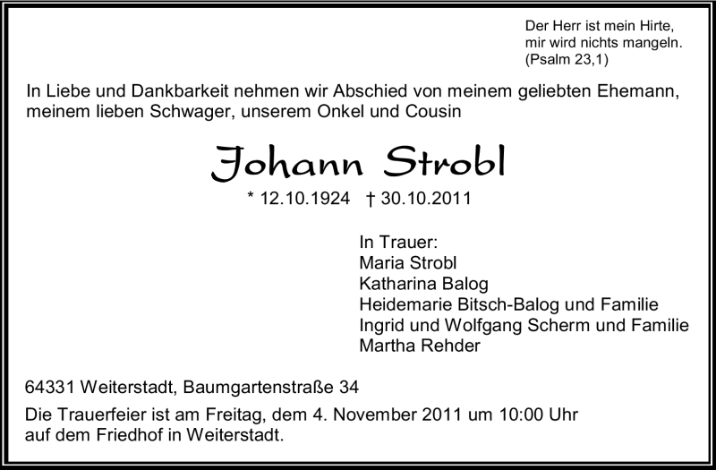  Traueranzeige für Johann Strobl vom 02.11.2011 aus Echo-Zeitungen (Gesamtausgabe)