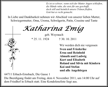 Traueranzeige von Katharina Emig von Odenwälder Echo