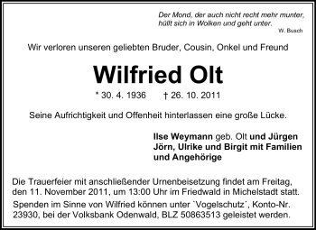 Traueranzeige von Wilfried Olt von Odenwälder Echo