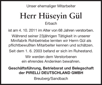 Traueranzeige von Hüseyin Gül von Odenwälder Echo