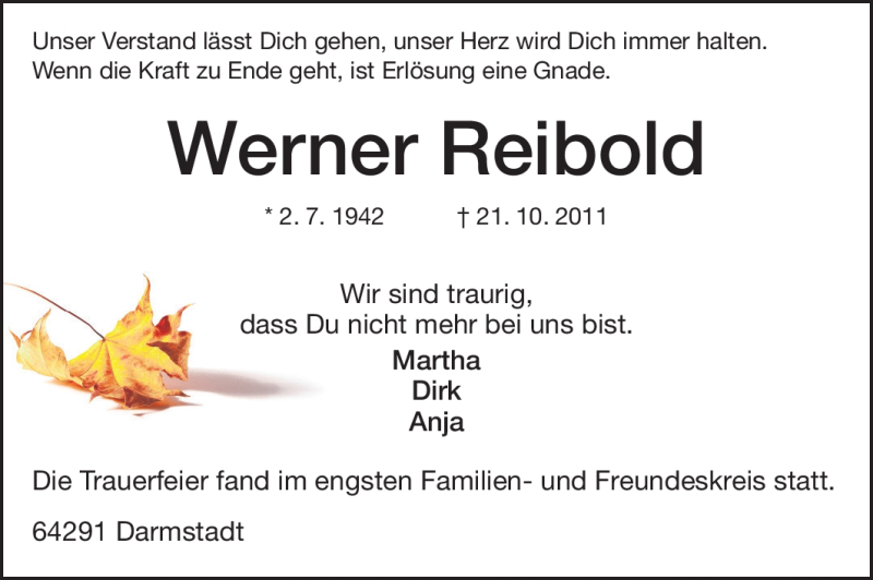  Traueranzeige für Werner Reibold vom 05.11.2011 aus Darmstädter Echo, Odenwälder Echo, Rüsselsheimer Echo, Groß-Gerauer-Echo, Ried Echo