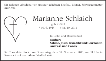 Traueranzeige von Marianne Schlaich von Darmstädter Echo, Odenwälder Echo, Rüsselsheimer Echo, Groß-Gerauer-Echo, Ried Echo