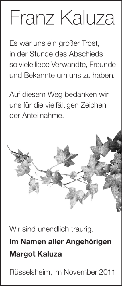  Traueranzeige für Franz Kaluza vom 04.11.2011 aus Rüsselsheimer Echo, Groß-Gerauer-Echo, Ried Echo