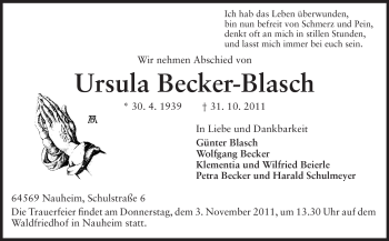 Traueranzeige von Ursula Becker-Blasch von Rüsselsheimer Echo, Groß-Gerauer-Echo, Ried Echo