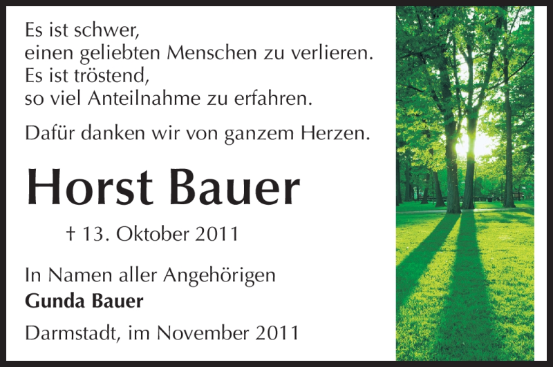  Traueranzeige für Horst Bauer vom 05.11.2011 aus Echo-Zeitungen (Gesamtausgabe)