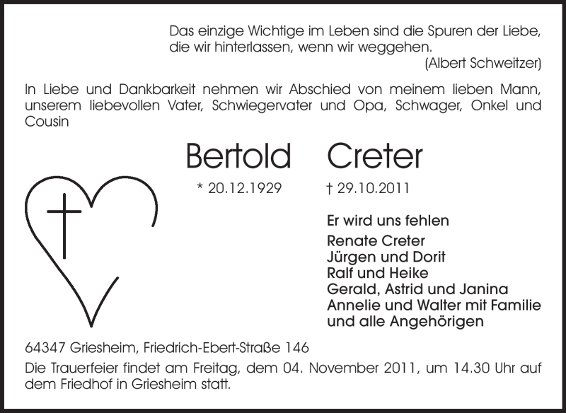  Traueranzeige für Bertold Creter vom 03.11.2011 aus Darmstädter Echo, Odenwälder Echo, Rüsselsheimer Echo, Groß-Gerauer-Echo, Ried Echo
