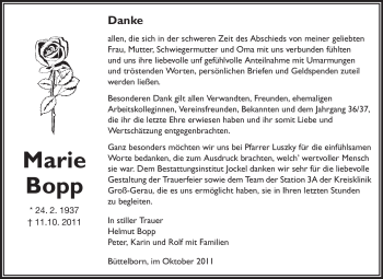 Traueranzeige von Marie Bopp von Rüsselsheimer Echo, Groß-Gerauer-Echo, Ried Echo