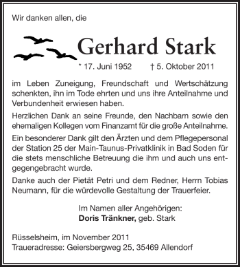 Traueranzeige von Gerhard Stark von Rüsselsheimer Echo, Groß-Gerauer-Echo, Ried Echo