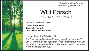 Traueranzeige von Willi Porsch von Starkenburger Echo