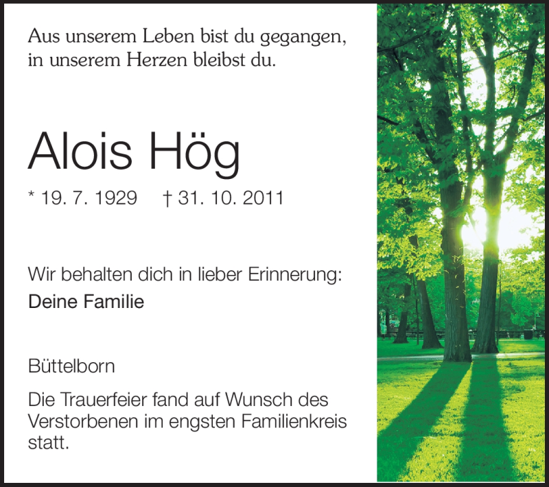  Traueranzeige für Alois Hög vom 09.11.2011 aus Rüsselsheimer Echo, Groß-Gerauer-Echo, Ried Echo