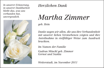 Traueranzeige von Martha Zimmer von Echo-Zeitungen (Gesamtausgabe)