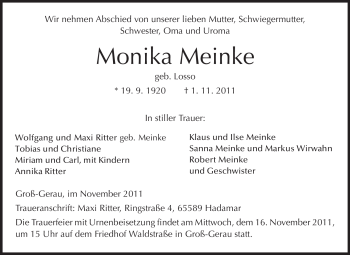 Traueranzeige von Monika Meinke von Rüsselsheimer Echo, Groß-Gerauer-Echo, Ried Echo